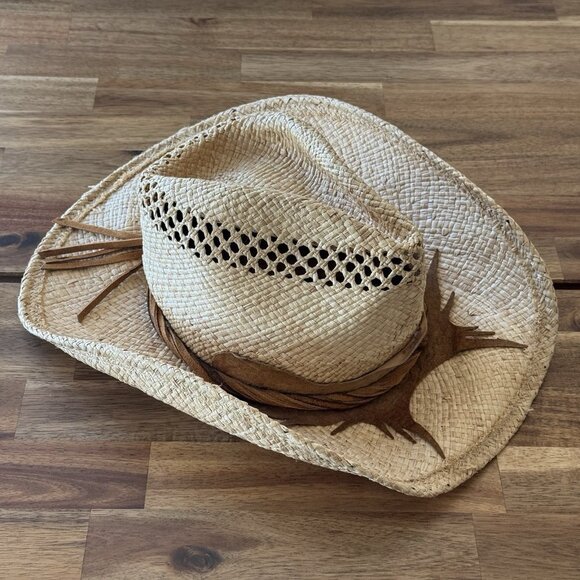 Shady Brady Woven Straw Hat Leather Accent Coastal Cowgirl Boho Size MEDIUM